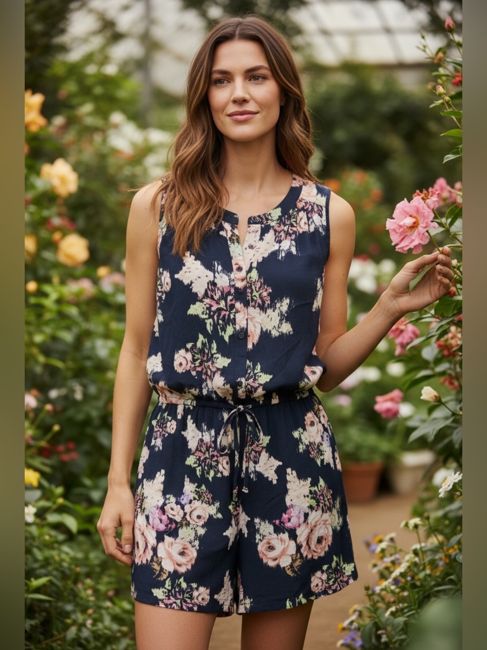 DR2 by Daniel Rainn Navy Floral Sleeveless Tie-Waist Romper